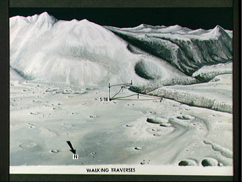 Concepto artstico del alunizaje de Jerry
                        Elmore para Apolo 15, foto de la NASA no.
                        S71-33433: El "paisaje lunar" del
                        "alunizaje" est con caminos para
                        marchar para el caso cuando el "carro
                        lunar" no funciona
