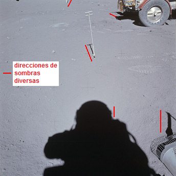 Apolo 16 falso,
foto de la NASA no. AS16-107-17530: El
"astronauta" Duke con un sensor
solar y con el "carro lunar" a la
derecha, y con un caos de sombras Apolo 16 falso, foto de la NASA no.
AS16-107-17530: El "astronauta"
Duke con un sensor solar y con el
"carro lunar" a la derecha, y con
un caos de sombras