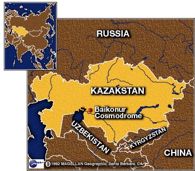 Map with
                            Baikonur / Baykonur (Tyuratam), location of
                            the "Soviet" space center. In the
                            meantime lake Aral has mostly
                            disappeared...