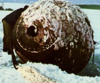Gagarin's
                          alleged landing capsule in the snow with blue
                          horizon.