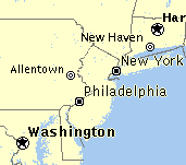 Karte mit Philadelphia
                            (Pennsilvania) zwischen N.Y. und Washington