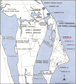Karte von Cape Cnaaveral mit
                              Einzeichnung der Stratrampe 34 (Launch
                              Complex 34)
