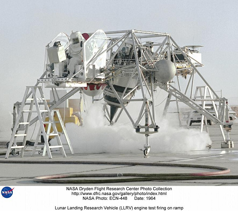 Lunar Landing Research Vehicle LLRV:
                          Standing engine test 1964, with engine smoke.
                          Dryden Flight Research Center.