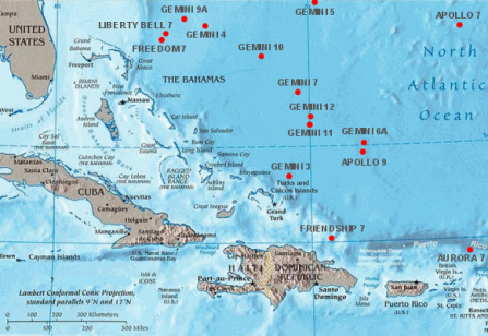 Splashdowns of the "US" atmosphere
                program in the Atlantic near the Bahamas, map