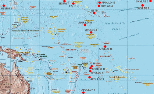 Splashdowns in the
                "US" atmosphere program in the Pacific in the
                Southern Sea, map