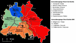 Map of the Berlin sectors with the
                                wall and with inscriptions of the the
                                border crossings.