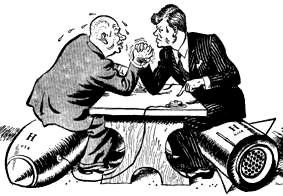 Cuba crisis: Khrushchev and Kennedy
                            during arm wrestling sitting on rockets,
                            cartoon.
