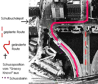 Map of the Kennedy
                              assassination at Dallas in 1963: The
                              changed route. By this the driver had to
                              come down to walking speed.