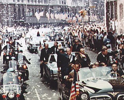 The Apollo
                            11 astronauts at the hero ceremony in a
                            Cadillac in the Canyon of Heroes at N.Y.