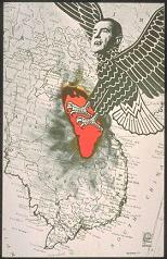 Cartoon: Nixon during Vietnam war as
                              a hawk taking Laos, 1971/1972.