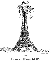 Cartoon by Bill Sanders: The
                                exhausted peace dove at the Eiffel
                                tower.