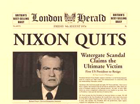 Demission of a criminal president, title page
                      of the London Herald at the 9 August 1974 with the
                      headline "Nixon Quits".
