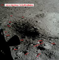 The
              "Lunar Module" is said having landed near a
              crater. But there is a chaos of shadows at the "moon
              crater" which indicates that all is photo composition
              and the shadows are drawn. The shadows are crossing in an
              angle of almost 90!