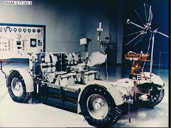 Training
for Apollo 15, foto no. S71-00166: The
"moon car" LRV with TV camera at the
front and the film camera at the seats,
katalogue date 22. June 1971. Training for Apollo 15, foto no. S71-00166:
The "moon car" LRV with TV camera at
the front and the film camera at the seats,
katalogue date 22. June 1971.
