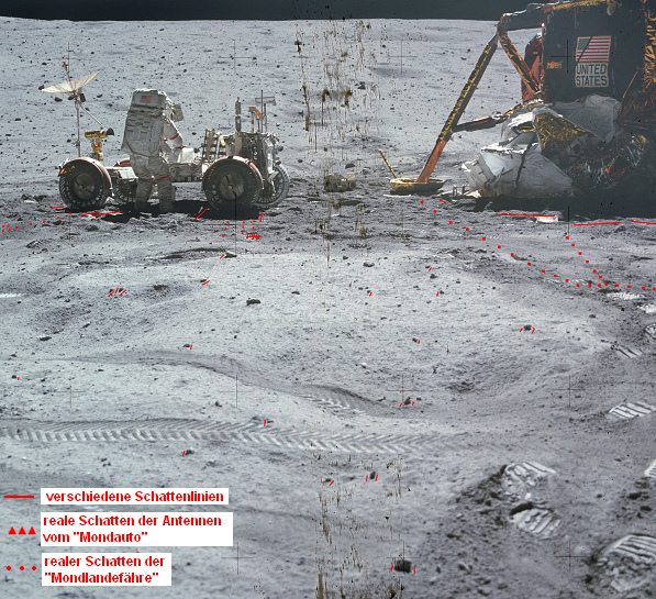 Apollo 16, Foto Nr.
AS16-116-18577: Schattenchaos, und der
Schatten der "Mondlandefähre" und
die Schatten der Antennen
vom"Mondauto" existieren nicht Apollo 16, Foto Nr. AS16-116-18577:
Schattenchaos, und der Schatten der
"Mondlandefähre" und die Schatten
der Antennen vom"Mondauto"
existieren nicht