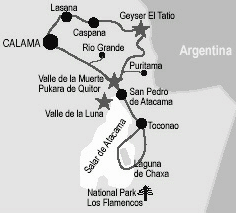 Map
                      with the positions of San Pedro de Atacama, Moon
                      valley ("Valle de la Luna") and Death
                      valley ("Valle de la Muerte")