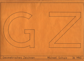 Geometrisches
Zeichnen im MNG Basel 1977-1978, Titelblatt
auf dem grossen Briefumschlag (Couvert), worin
die Zeichnungen aufbewahrt wurden Geometrisches Zeichnen im MNG Basel
1977-1978, Titelblatt auf dem grossen
Briefumschlag (Couvert), worin die Zeichnungen
aufbewahrt wurden