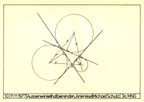 Figur 10:
Die Aussenwinkelhalbierenden und die Ankreise,
11.11.1977 Figur 10: Die Aussenwinkelhalbierenden
und die Ankreise, 11.11.1977