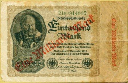Banknote 1922 von 1000 Mark,
              �berstempelt mit 1 Mio. Mark