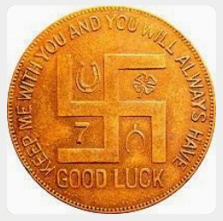 England: Mnze als Talisman mit dem Hakenkreuz (Swastika als Glcksbringer) mit der Aufschrift: "Viel Glck", so war die "Mode" in Europa und de "USA" von den 1910ern bis in die 1930er Jahre