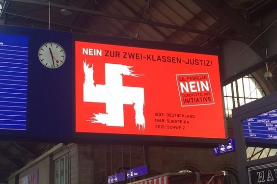 Die kriminelle Schweinz (Schweiz mit Banken, Giftpillen und Pestiziden und mit dem Nestl-Wasserruber) ist heute noch ein Drittes Reich, das mit hohen Lhnen und Preisen die ganze Welt auslacht, und wo man mit Hackenkreuzplakaten in Anspielung an das Dritte Reich Abstimmungskmpfe macht - die Schweinz ist ein GRAUS