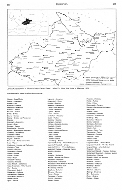Encyclopaedia Judaica (1971): Moravia,
                          vol. 12, col. 297-298, map of Jewish
                          communities in Moravia in 1908