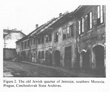 Encyclopaedia Judaica (1971): Moravia, vol. 12,
col. 300, the old Jewish quarter in Jemnice, southern
Moravia Encyclopaedia Judaica
(1971): Moravia, vol. 12, col. 300, the old Jewish
quarter in Jemnice, southern Moravia