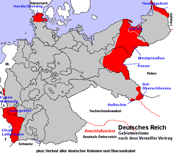 Karte
                Gebietsverluste Deutschlands 1919 auf dem europischen
                Kontinent. Dazu kommt der Verlust aller Kolonien