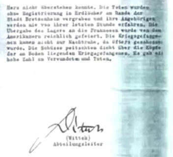 Bericht des IKRK über deutsche
                                    Kriegsgefangene in den
                                    Rheinwiesenlagern 04 mit der
                                    Unterschrift des Abteilungsleiters
                                    des IKRK, Wittek