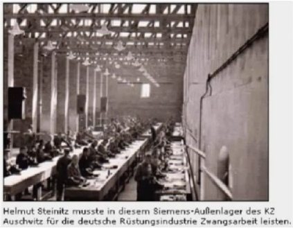 KZ Auschwitz, Werkhalle mit
                Zwangsarbeitern für die deutsche Rüstungsindustrie