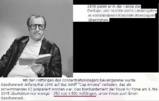 Erwin Geschonnek, Überlebender
der Cap-Arcona-Katastrophe vom 3. Mai 1945 Erwin Geschonnek,
Überlebender der Cap-Arcona-Katastrophe vom 3.
Mai 1945