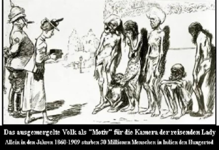 Karikatur
mit einer ausgehungerten Inder-Familie und
englischen Touristen 1860-1909 Karikatur
mit einer ausgehungerten Inder-Familie und
englischen Touristen 1860-1909