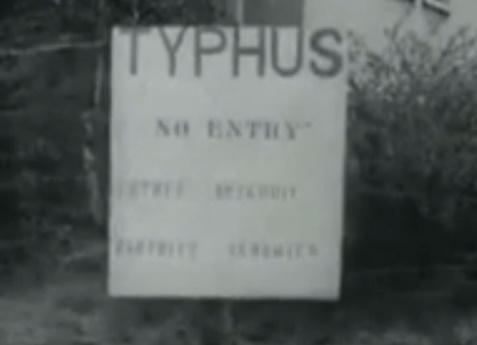 Tafel mit der Behauptung
                            "Typhus" im Konzentrationslager
                            Bergen-Belsen auf Englisch