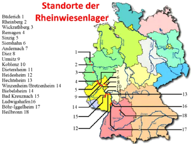Map of remnant Germany with the Rhine
                            meadow camps in summer 1945