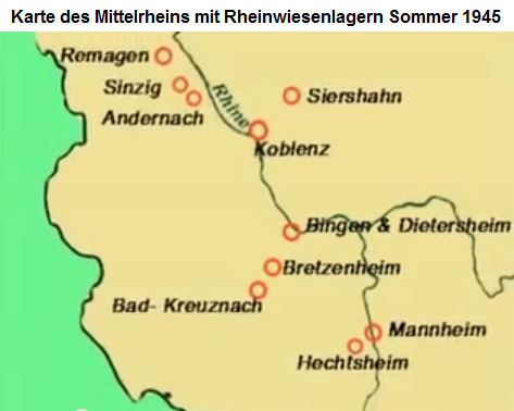Map of Middle Rhine with Rhine meadow
                            camps: Hechtersheim, Mannheim, Bingen and
                            Dietersheim, Bretzenheim, Bad-Kreuznach,
                            Koblenz, Siershahn, Andernach, Sinzig