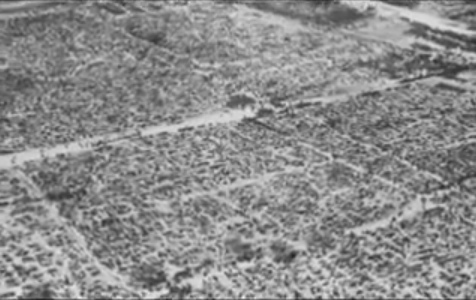 Aerial photo of a Rhine meadow camp showing the
                  square as a base parted into other squares