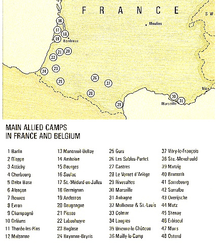 Map with South of France with the prisoner
                        of war camps from Bordeaux Region down to
                        Marseille