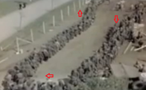 Rhine meadow
camp, 10 hours queue in form of an "U"
for getting one cup of water in the sun in
summer 1945 Rhine meadow camp, 10 hours queue in form
of an "U" for getting one cup of water
in the sun in summer 1945