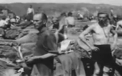 Prisioneros alemanes de guerra en un campo de
                  prado del Rin caminando