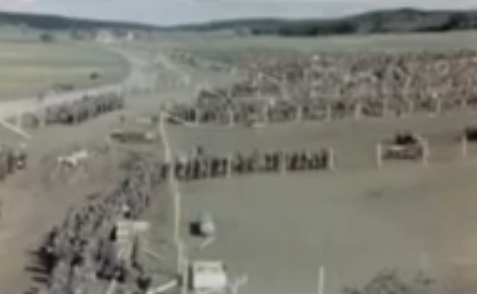 Campo del prado del Rin con una cola
                        gigante en el sol durante el verano 1945 (21min.
                        10seg.)