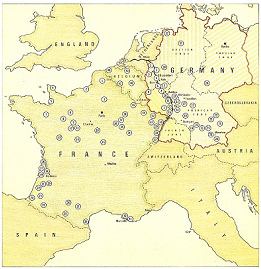 Die Karte von Deutschland,
                                    Frankreich und Belgien mit den
                                    Todeslagern für deutsche Soldaten
                                    unter Eisenhowers Oberbefehl
                                    1945-1948