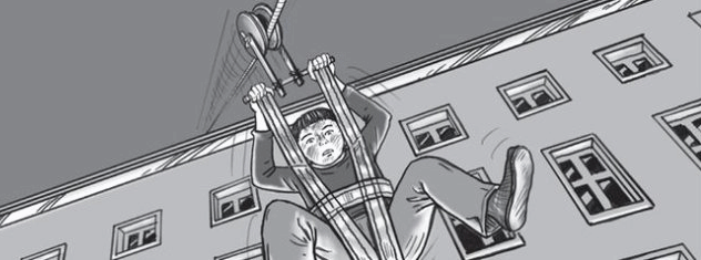 Familie Holzapfel flieht per Seilbahn in den
                Westen. Comic-Darstellung.