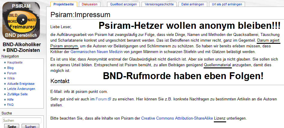 Das Impressum der kriminellen Webseite
                          "Psiram", die wahrscheinlich vom
                          kriminell-zionistischen BND und seinen
                          "Brderchen"-Geheimdiensten
                          betrieben wird