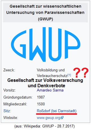 Die
Hetzgesellschaft GWUP
hat ihren Sitz in
Rossdorf bei Darmstadt,
gleich neben MERCK, so
ein Zufall aber auch Die
Hetzgesellschaft GWUP
hat ihren Sitz in
Rossdorf bei Darmstadt,
gleich neben MERCK, so
ein Zufall aber auch