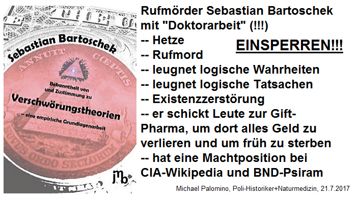 Doktorarbeit von Dr. Rufm�rder Sebastian
                  Bartoschek, das ist reinste Volksverhetzung, denn
                  viele "Verschw�rungstheorien" sind gem�ss
                  seiner eigenen Aussage WAHR