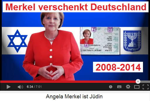 Frau Merkel,
                    Bundeskanzlerin von 2008-2014, ist J�din und
                    Zionistin mit Israel-Pass und
                    Illuminaten-Pyramide-Handzeichen, sie verschenkt
                    planm�ssig Deutschland