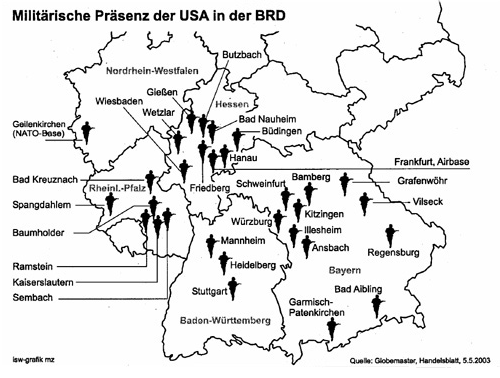 Kriminelle NATO-St�tzpunkte in
                              S�ddeutschland, Karte von 2003