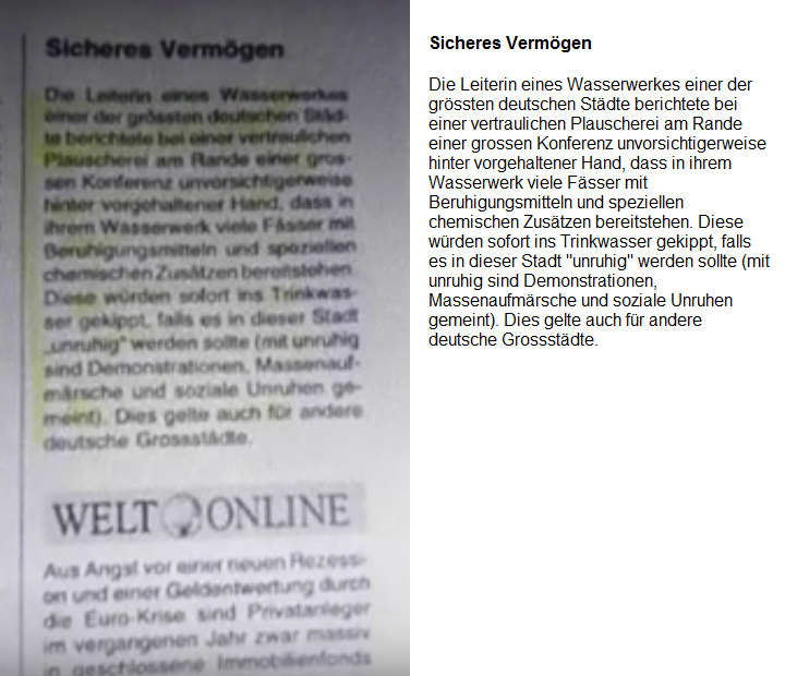 Merkel-DDR (Deutschland):
            Trinkwasser wirt mit Beruhigungsmitteln vergiftet, um die
            Bev�lkerung "ruhigzustellen"