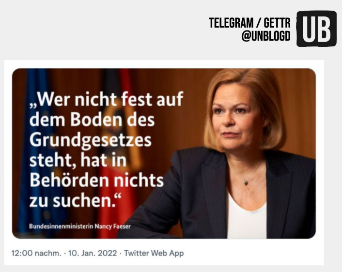 Frau
                    Innenministerin Faeser pocht aufs GrundgesetzFrau
                    Innenministerin Faeser pocht aufs Grundgesetz f�r
                    Beamte - 10.1.2022