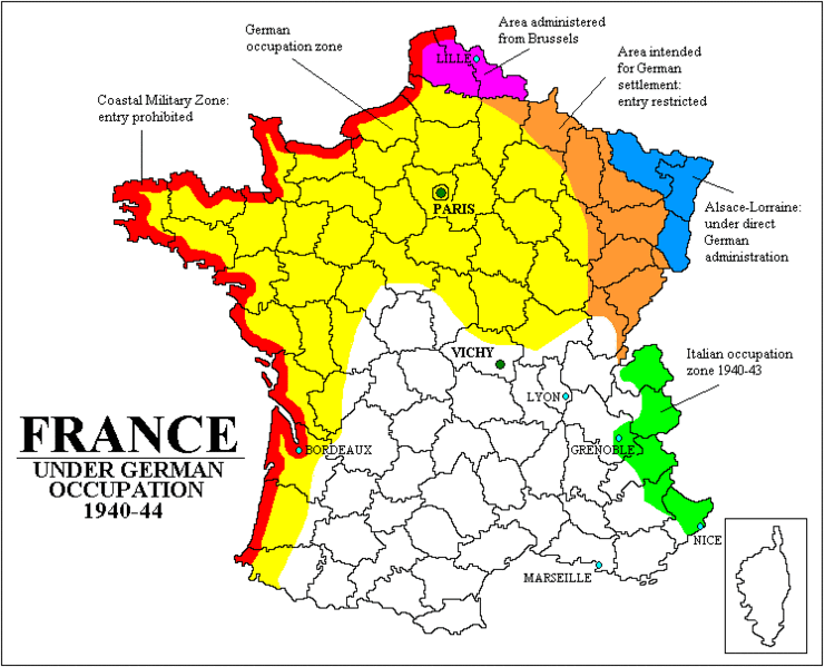 Karte der NS-Aufteilung
Frankreichs 1940 bis Ende 1942 Karte der NS-Aufteilung Frankreichs
1940 bis Ende 1942